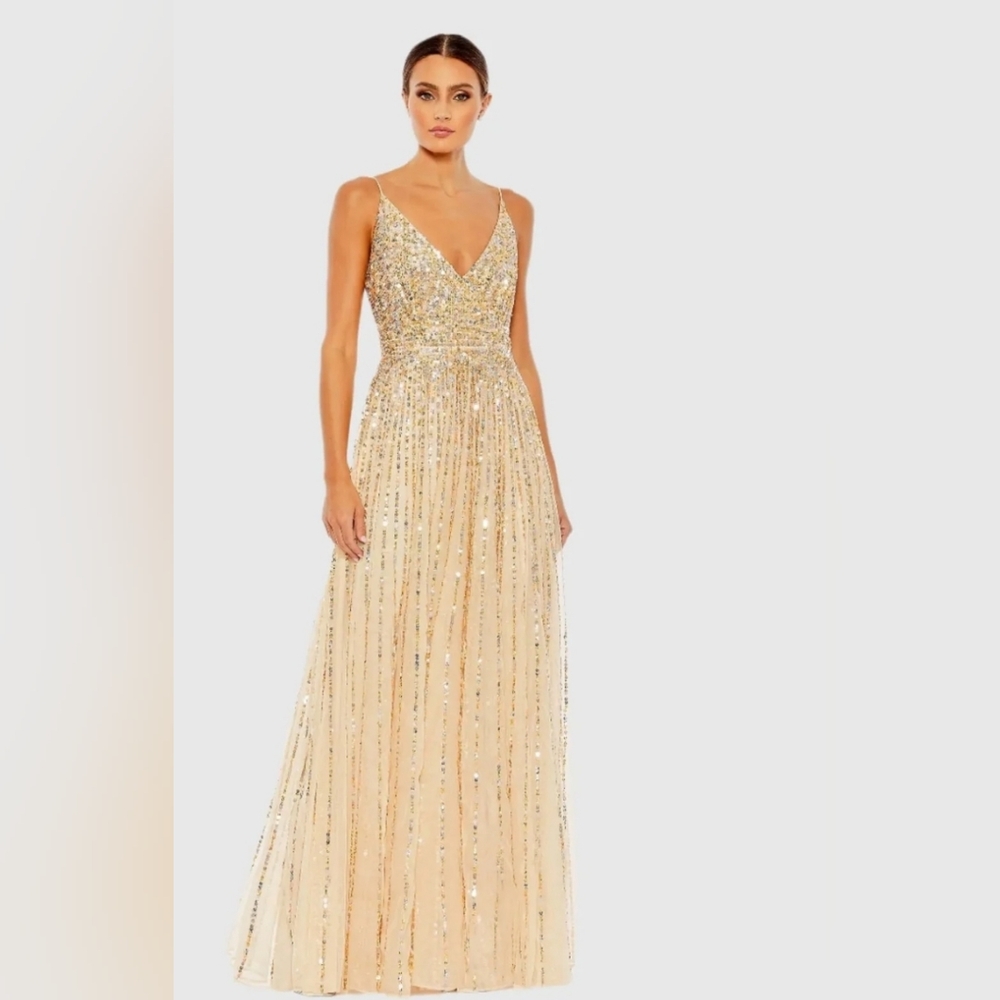 Beige Sequined Sleeveless Wrap Over A Line Gown